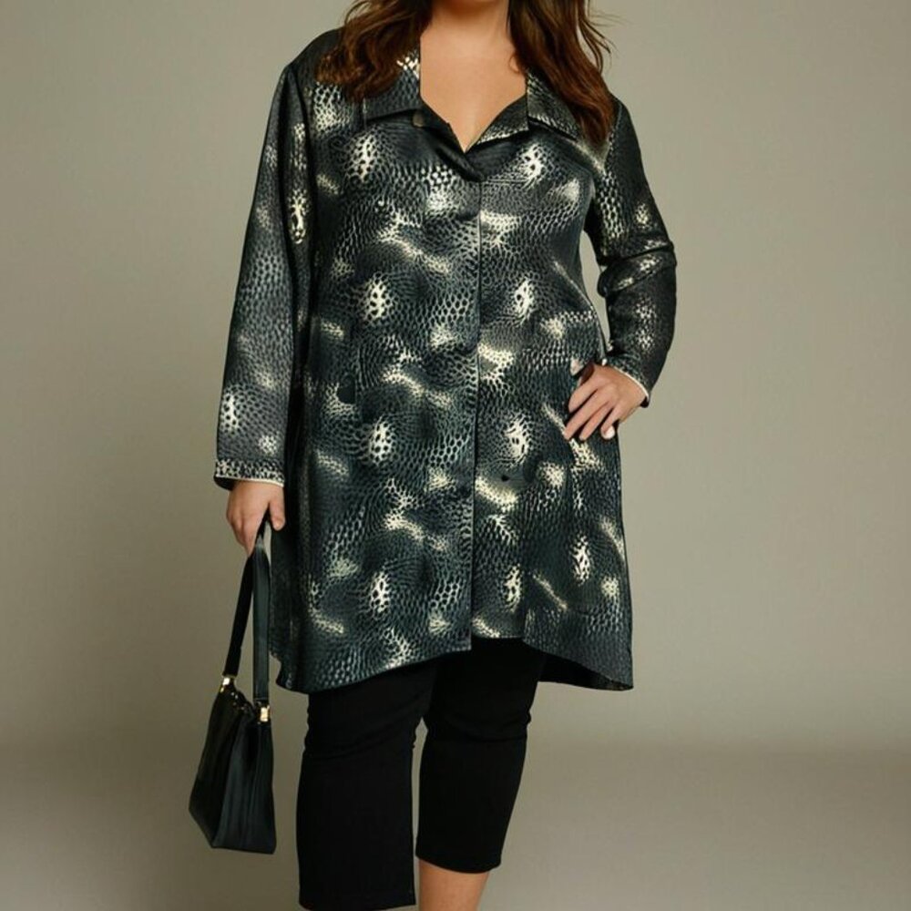 D Studio Jacket Midi 100% Silk Women’s Size 14 Green Black 100% Silk Pockets LS